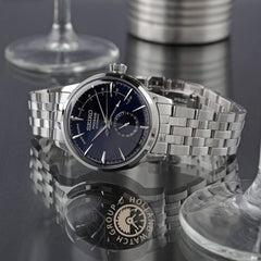 Montre homme Seiko Presage Cocktail « Blue Moon » SSA347J1, cadran bleu, boîtier en acier inoxydable, mouvement automatique, design élégant à cœur ouvert. Homme SEIKO