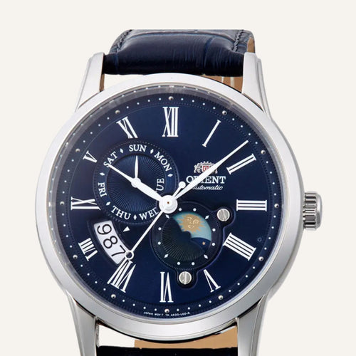 Montre Orient Homme Sun and Moon Blue RA-AK0011D en Cuir Homme Orient