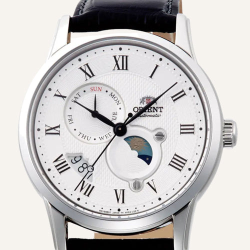 Montre Orient Homme Sun and Moon White RA-AK0008S en Cuir Noir Homme Orient