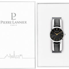 Pierre Lannier 034N633 Montre Femme CHOUQUETTE Argentée – Cadran Soleil Noir, Bracelet Cuir Noir, Quartz Femme PIERRE LANNIER