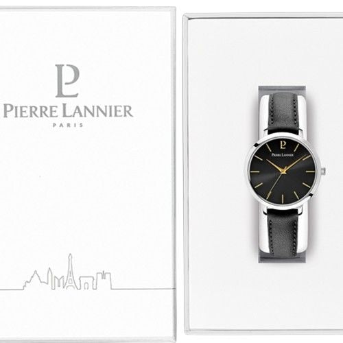 Pierre Lannier 034N633 Montre Femme CHOUQUETTE Argentée – Cadran Soleil Noir, Bracelet Cuir Noir, Quartz Femme PIERRE LANNIER