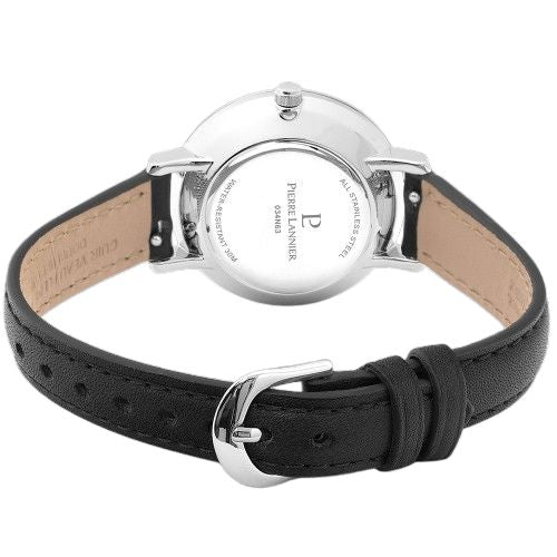 Pierre Lannier 034N633 Montre Femme CHOUQUETTE Argentée – Cadran Soleil Noir, Bracelet Cuir Noir, Quartz Femme PIERRE LANNIER