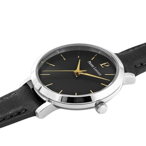 Pierre Lannier 034N633 Montre Femme CHOUQUETTE Argentée – Cadran Soleil Noir, Bracelet Cuir Noir, Quartz Femme PIERRE LANNIER