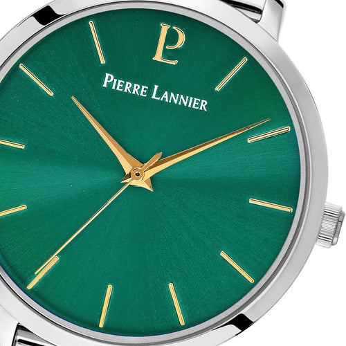Pierre Lannier 046H671 | Montre Femme à Quartz 30 mm – Cadran Vert Soleillé, Boîtier en Acier Inoxydable Argenté, Bracelet Milanais en Acier Argenté Femme PIERRE LANNIER