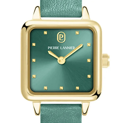 Pierre Lannier 059H577 | Montre Femme à Quartz – Boîtier Carré en Acier Inoxydable Doré PVD, Cadran Vert Soleillé, Bracelet en Cuir Vert Femme PIERRE LANNIER