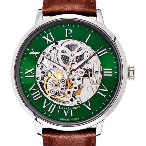 Pierre Lannier 323D174 Montre Homme Automatique Bracelet Cuir Marron Cadran Squelette Vert – Élégance Premium, Mouvement Automatique & Style Intemporel Homme Ocarat