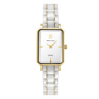 Pierre Lannier ARIANE 085L809 Montre Femme à Quartz, Boîtier Rectangulaire Acier & Céramique Blanc et Or, Cadran Blanc Semi-Mat, Bracelet Céramique Blanc, Étanche 30 m Femme PIERRE LANNIER