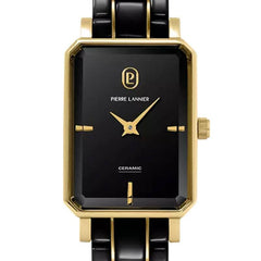 Pierre Lannier ARIANE 085L839 Montre Femme à Quartz, Boîtier Rectangulaire Acier & Céramique Noir et Or, Cadran Noir Semi-Mat, Bracelet Céramique Noir, Étanche 30 m Femme PIERRE LANNIER