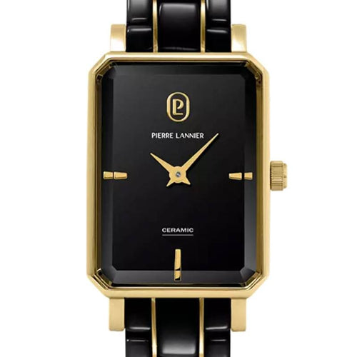 Pierre Lannier ARIANE 085L839 Montre Femme à Quartz, Boîtier Rectangulaire Acier & Céramique Noir et Or, Cadran Noir Semi-Mat, Bracelet Céramique Noir, Étanche 30 m Femme PIERRE LANNIER