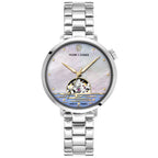 Pierre Lannier Australe 148H691 Montre Femme Automatique, Boîtier Rond 35 mm Argenté, Cadran Nacré Blanc Cœur Ouvert, Bracelet Acier Argenté 14 mm, Miyota 8N24, Étanche 5 ATM Femme PIERRE LANNIER