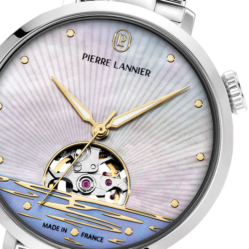 Pierre Lannier Australe 148H691 Montre Femme Automatique, Boîtier Rond 35 mm Argenté, Cadran Nacré Blanc Cœur Ouvert, Bracelet Acier Argenté 14 mm, Miyota 8N24, Étanche 5 ATM Femme PIERRE LANNIER