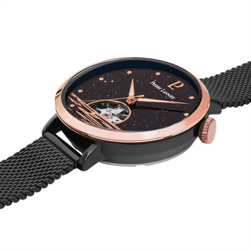 Pierre Lannier Australe 149K739 Montre Femme Automatique, Boîtier Rond 35 mm Noir & Or Rose, Cadran Cœur Ouvert Noir, Bracelet Acier Gris 14 mm, Miyota 8N24 Femme PIERRE LANNIER
