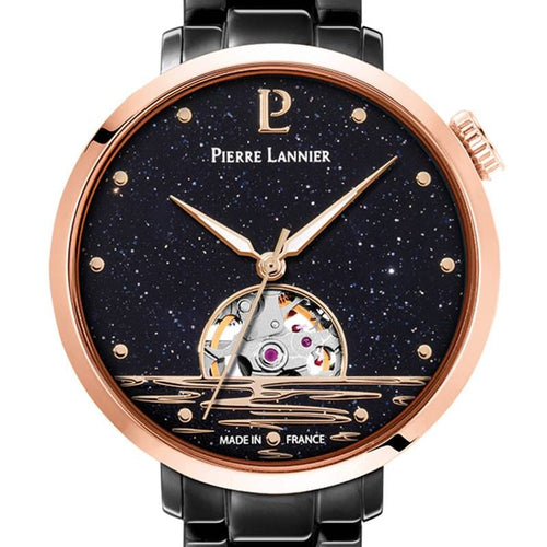 Pierre Lannier Australe 149K739 Montre Femme Automatique, Boîtier Rond 35 mm Noir & Or Rose, Cadran Cœur Ouvert Noir, Bracelet Acier Gris 14 mm, Miyota 8N24 Femme PIERRE LANNIER