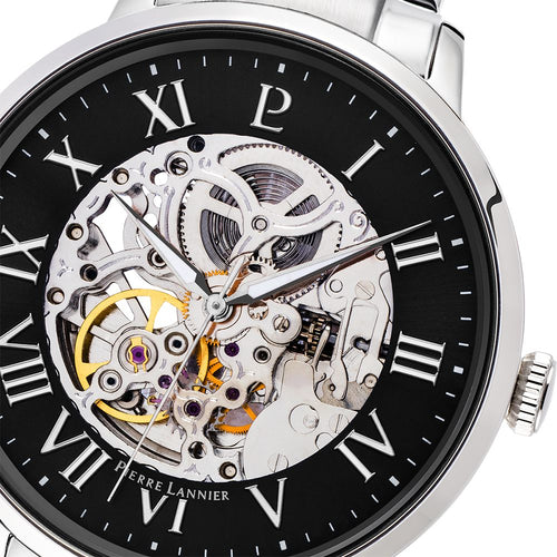 Pierre Lannier Automatic 317B131 Montre Automatique Homme, Boîtier Acier 42 mm, Cadran Squelette Noir, Bracelet Acier Argenté 20 mm Femme PIERRE LANNIER