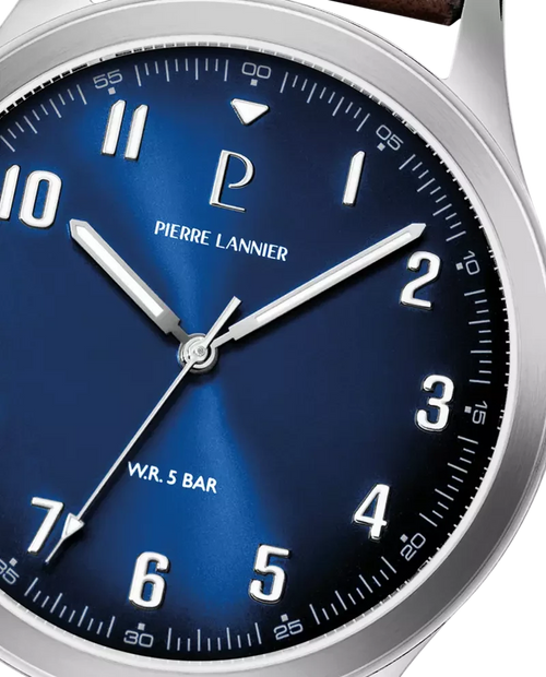 Pierre Lannier Aviateur 260G164 Montre Homme Quartz, Boîtier Acier 40 mm, Cadran Bleu Soleillé, Bracelet Cuir Brun 20 mm Femme PIERRE LANNIER