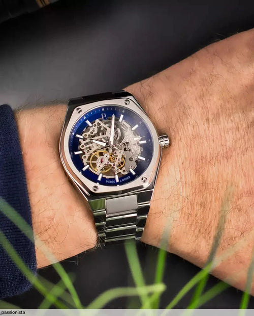 Pierre Lannier Copilote 308G161 Montre Automatique Homme, Boîtier Acier 42,5 mm, Cadran Squelette Bleu, Bracelet Acier Argenté 22 mm Femme PIERRE LANNIER