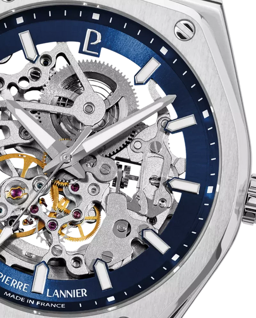 Pierre Lannier Copilote 308G161 Montre Automatique Homme, Boîtier Acier 42,5 mm, Cadran Squelette Bleu, Bracelet Acier Argenté 22 mm Femme PIERRE LANNIER