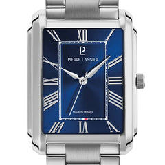 Pierre Lannier Empire 215F161 Montre Homme Quartz, Boîtier Rectangulaire 34 x 30,5 mm, Cadran Bleu Soleillé, Bracelet Acier Gris, Calibre TMI VX21C Homme PIERRE LANNIER