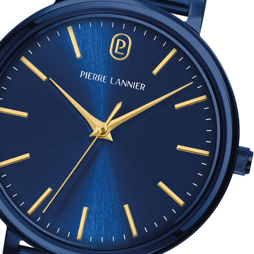 Pierre Lannier ESSENTIAL 088G869 Montre Femme à Quartz, Boîtier Rond Bleu 33 mm, Cadran Bleu Soleil, Bracelet Milanais Acier Bleu 14 mm, Étanche 30 m Femme PIERRE LANNIER