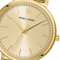 Pierre Lannier ESSENTIAL 089K542 Montre Femme à Quartz, Boîtier Rond Doré 33 mm, Cadran Soleil Doré, Bracelet Acier Doré 14 mm, Étanche 30 m Femme PIERRE LANNIER