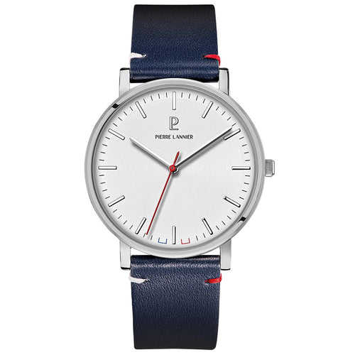 Pierre Lannier Essential 217G106 Montre Homme Quartz, Boîtier Acier 40,5 mm, Cadran Blanc Semi-Mat, Bracelet Cuir Bleu 20 mm, Miyota 2035 Homme PIERRE LANNIER