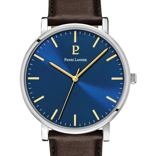 Pierre Lannier Essential 217G164 Montre Homme Quartz, Boîtier Acier 40,5 mm, Cadran Bleu Soleillé, Bracelet Cuir Marron 20 mm, Miyota 2035 Homme PIERRE LANNIER
