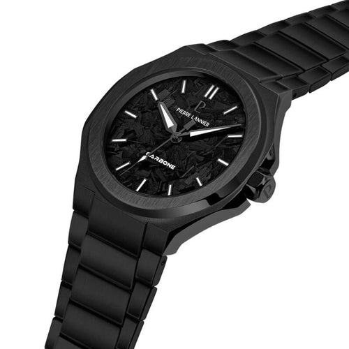 Pierre Lannier Graphite 202K489 Montre Homme Quartz, Boîtier Rond 38 mm Noir, Cadran Mat Effet Carbone, Bracelet Acier Noir 24 mm, Verre Gorilla Glass Homme PIERRE LANNIER