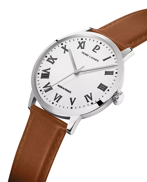 Pierre Lannier Interval 255G104 Montre Homme Quartz, Boîtier Acier 40 mm, Cadran Blanc Semi-Mat, Bracelet Cuir Brun 20 mm Femme PIERRE LANNIER