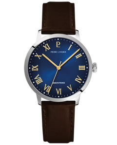 Pierre Lannier Interval 255G164 Montre Homme Quartz, Boîtier Acier 40 mm, Cadran Bleu Soleillé, Bracelet Cuir Brun 20 mm Femme PIERRE LANNIER