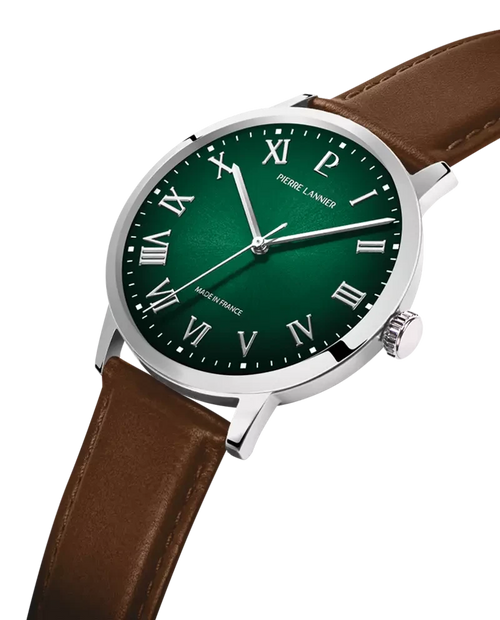 Pierre Lannier Interval 255G174 Montre Homme Quartz, Boîtier Acier 40 mm, Cadran Vert Soleillé, Bracelet Cuir Brun 20 mm Femme PIERRE LANNIER