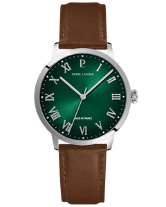 Pierre Lannier Interval 255G174 Montre Homme Quartz, Boîtier Acier 40 mm, Cadran Vert Soleillé, Bracelet Cuir Brun 20 mm Femme PIERRE LANNIER