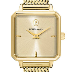 Pierre Lannier LEONOR 072J542 Montre Femme à Quartz, Boîtier Carré en Acier Inoxydable PVD Or, Cadran Soleillé Doré, Bracelet Milanais Doré 12 mm, Étanche 30 m Femme PIERRE LANNIER