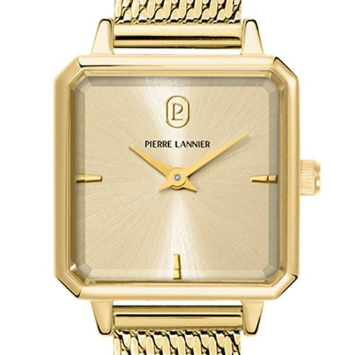 Pierre Lannier LEONOR 072J542 Montre Femme à Quartz, Boîtier Carré en Acier Inoxydable PVD Or, Cadran Soleillé Doré, Bracelet Milanais Doré 12 mm, Étanche 30 m Femme PIERRE LANNIER