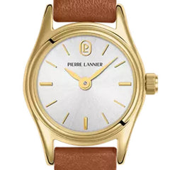 Pierre Lannier PYA 091M524 Montre Femme à Quartz, Boîtier Rond Doré 20 mm, Cadran Soleil Doré, Bracelet Cuir Marron 10 mm, Étanche 5 ATM Femme PIERRE LANNIER