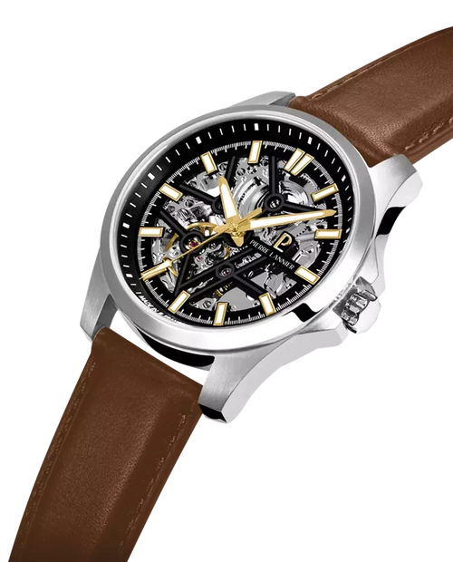 Pierre Lannier Skeletom 304G134 Montre Automatique Homme, Boîtier Acier 40 mm, Cadran Squelette Noir, Bracelet Cuir Brun 20 mm Femme PIERRE LANNIER