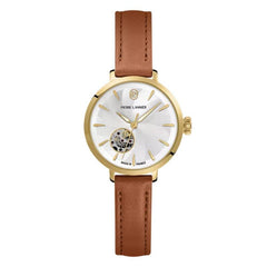 Pierre Lannier Soline 139L524 Montre Femme Automatique, Boîtier Rond 32 mm Doré, Cadran Blanc Cœur Ouvert Soleillé, Bracelet Cuir Marron, Miyota 6T28, Étanche 5 ATM Femme PIERRE LANNIER