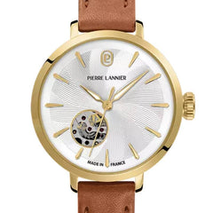 Pierre Lannier Soline 139L524 Montre Femme Automatique, Boîtier Rond 32 mm Doré, Cadran Blanc Cœur Ouvert Soleillé, Bracelet Cuir Marron, Miyota 6T28, Étanche 5 ATM Femme PIERRE LANNIER