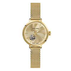 Pierre Lannier Soline 139L542 Montre Femme Automatique, Boîtier Rond 32 mm Doré, Cadran Cœur Ouvert Soleillé Jaune, Bracelet Maille Milanaise Acier Doré, Miyota 6T28, Étanche 5 ATM Femme PIERRE LANNIER