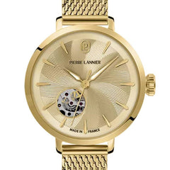 Pierre Lannier Soline 139L542 Montre Femme Automatique, Boîtier Rond 32 mm Doré, Cadran Cœur Ouvert Soleillé Jaune, Bracelet Maille Milanaise Acier Doré, Miyota 6T28, Étanche 5 ATM Femme PIERRE LANNIER