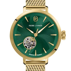 Pierre Lannier Soline 139L572 Montre Femme Automatique, Boîtier Rond 32 mm Doré, Cadran Vert Cœur Ouvert Soleillé, Bracelet Maille Milanaise Acier Doré, Miyota 6T28, Étanche 5 ATM Femme PIERRE LANNIER