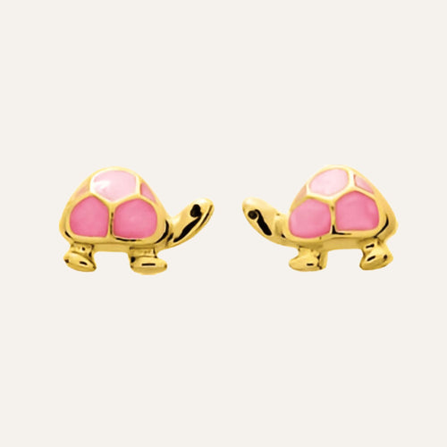 Puces d'oreilles enfant Tortue rose en or jaune 18 carats Boucles d'oreilles Robez Masson