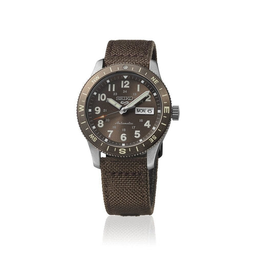 Seiko HDB009K1 Montre Homme Seiko 5 Sports Field Automatique - Cadran Marron, Bracelet Nylon et Cuir, Lunette Boussole, Étanche 100M, Style Outdoor et Fiabilité Quotidienne Homme SEIKO