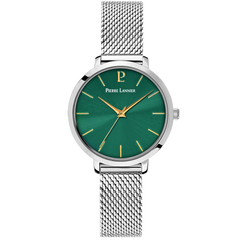 Pierre Lannier 046H671 | Montre Femme à Quartz 30 mm – Cadran Vert Soleillé, Boîtier en Acier Inoxydable Argenté, Bracelet Milanais en Acier Argenté
