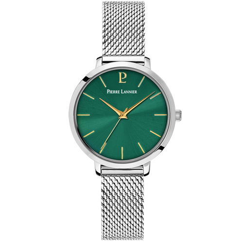 Pierre Lannier 046H671 | Montre Femme à Quartz 30 mm – Cadran Vert Soleillé, Boîtier en Acier Inoxydable Argenté, Bracelet Milanais en Acier Argenté