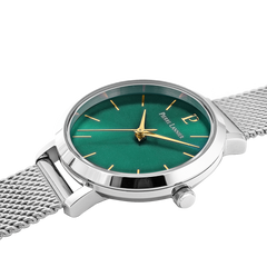 Pierre Lannier 046H671 | Montre Femme à Quartz 30 mm – Cadran Vert Soleillé, Boîtier en Acier Inoxydable Argenté, Bracelet Milanais en Acier Argenté