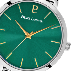 Pierre Lannier 046H671 | Montre Femme à Quartz 30 mm – Cadran Vert Soleillé, Boîtier en Acier Inoxydable Argenté, Bracelet Milanais en Acier Argenté