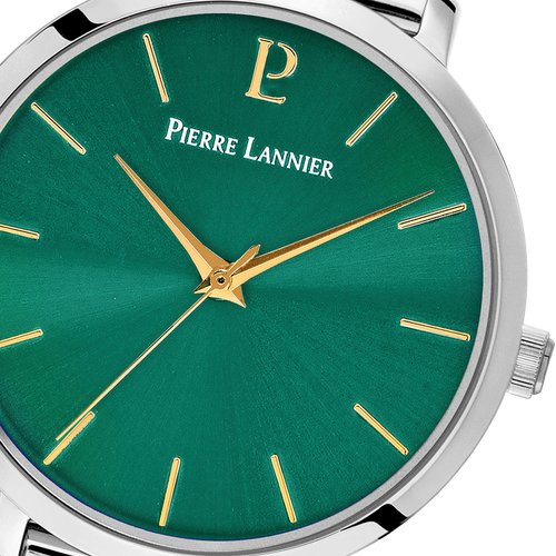 Pierre Lannier 046H671 | Montre Femme à Quartz 30 mm – Cadran Vert Soleillé, Boîtier en Acier Inoxydable Argenté, Bracelet Milanais en Acier Argenté