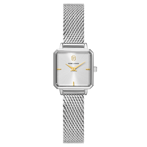 Pierre Lannier LEONOR 071H621 Montre Femme à Quartz, Boîtier Carré en Acier Inoxydable Argenté, Cadran Soleillé Argenté, Bracelet Milanais 12 mm, Étanche 30 m