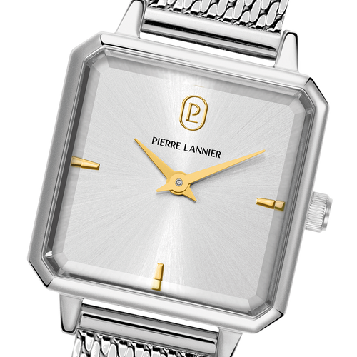 Pierre Lannier LEONOR 071H621 Montre Femme à Quartz, Boîtier Carré en Acier Inoxydable Argenté, Cadran Soleillé Argenté, Bracelet Milanais 12 mm, Étanche 30 m