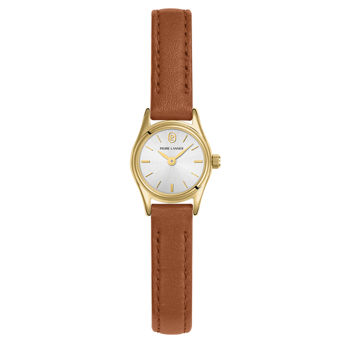 Montre femme Pierre Lannier Pya 091M524 avec boîtier doré, cadran argenté soleillé et bracelet cuir brun 10 mm